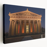 Large art print of Nashville skyline in muted blue tones on stretched canvas, ideal for kitchen wall art.