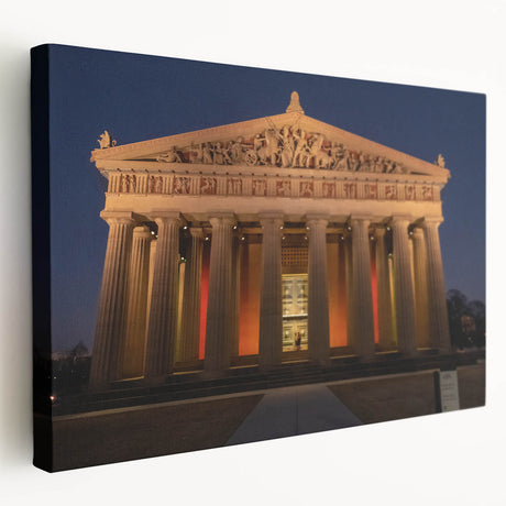 Large art print of Nashville skyline in muted blue tones on stretched canvas, ideal for kitchen wall art.