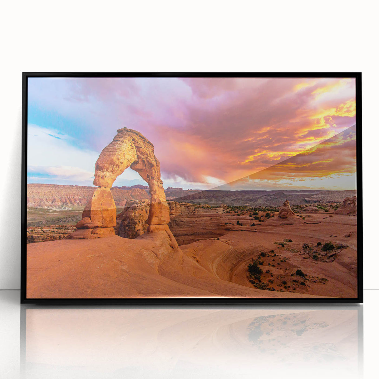 Large abstract wall art of Arches National Park in muted earth tones on a framed acrylic, suitable for modern art wall decor.