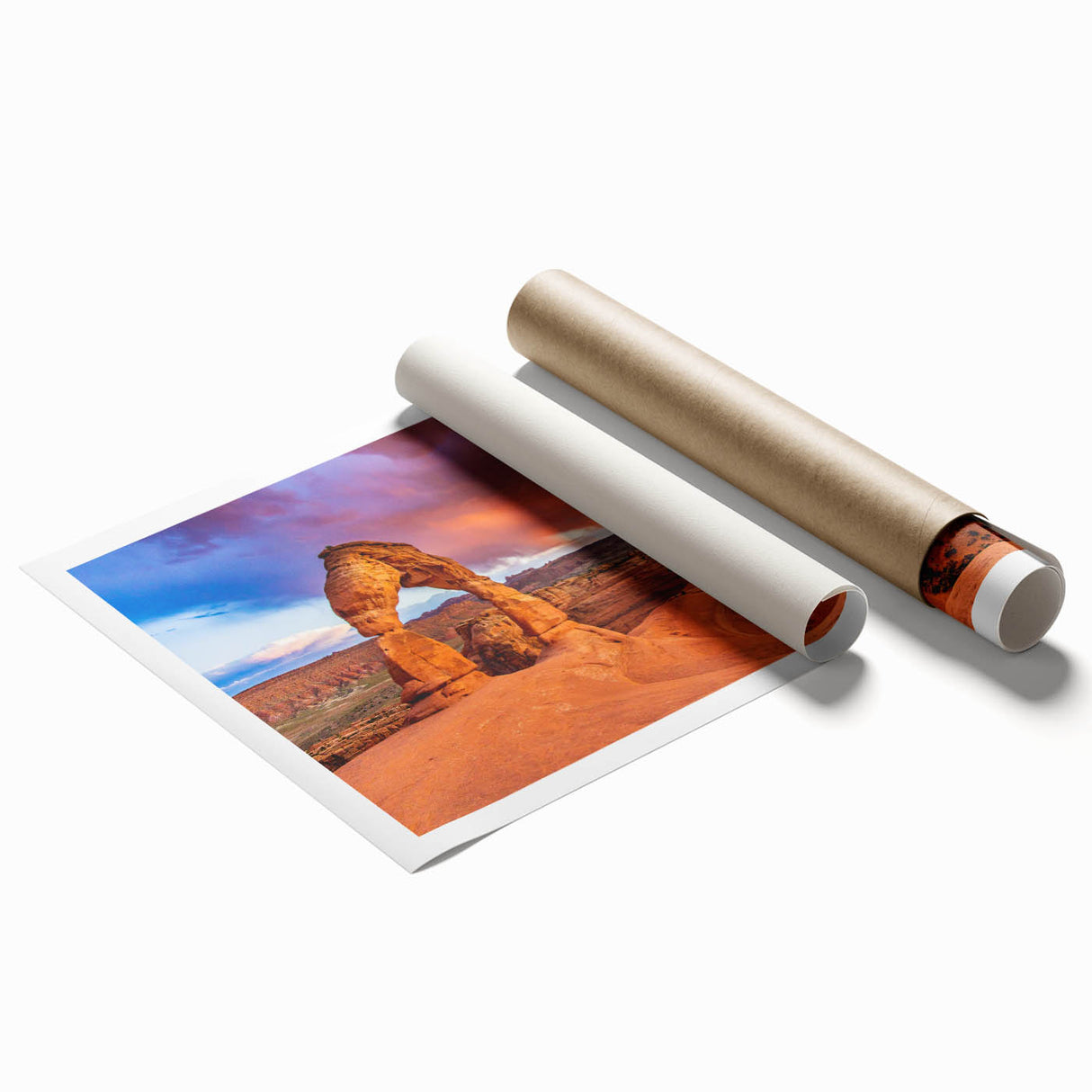 Arches National Park scenery on a rolled canvas print, featuring natural rock formations in earth tones.