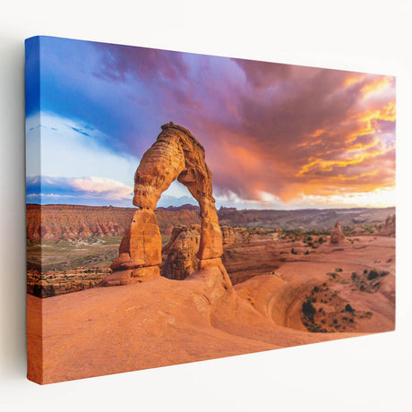 Arches National Park scenery on large stretched canvas, featuring earthy red and orange tones, suitable for kitchen wall art.