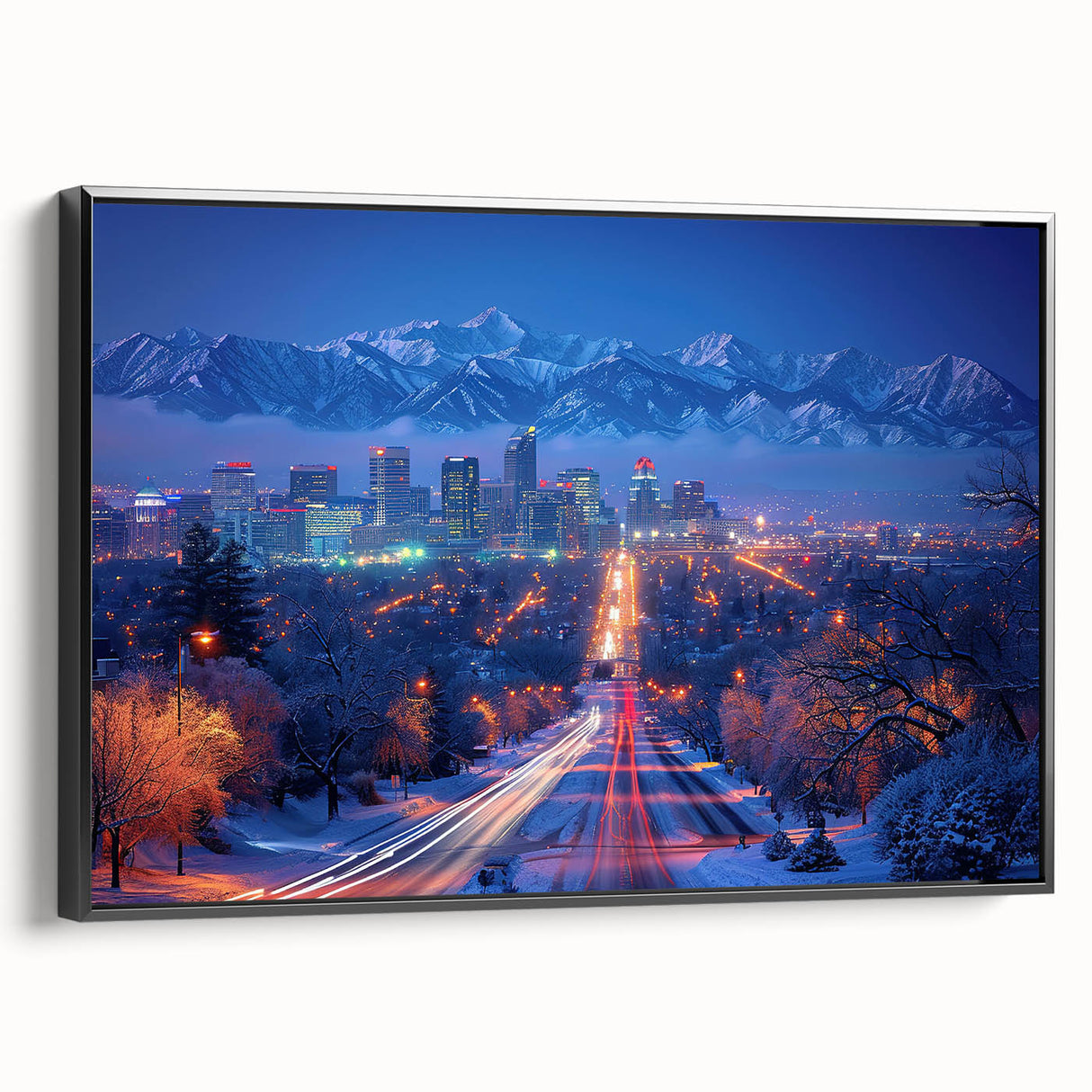 Black and white landscape art painting of Salt Lake City on framed canvas, suited for bedroom wall decor.