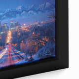 Extra large framed canvas of Salt Lake City with textured, colorful art on a black background, ideal for living room decor.
