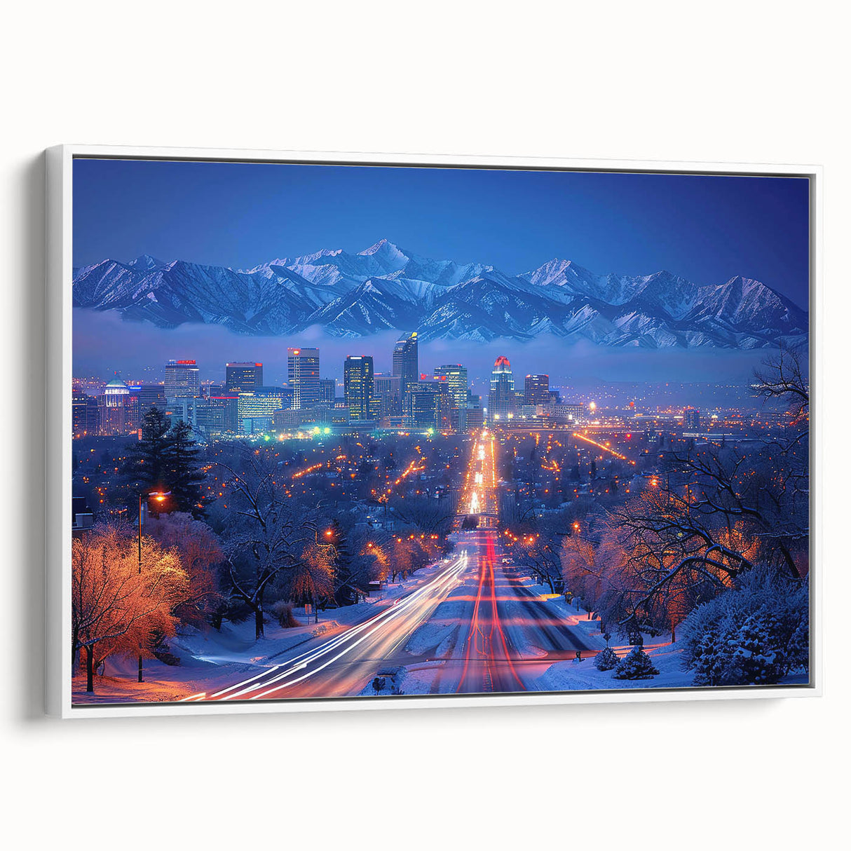 Vintage poster art of Salt Lake City with colorful palette on framed canvas, ideal for living room decor.