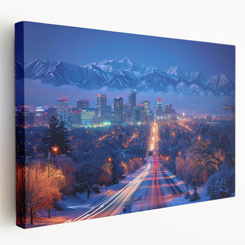 Salt Lake City landscape on stretched canvas, featuring muted earth tones, ideal for kitchen wall art.