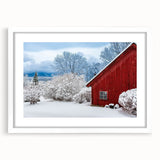 Abstract art print of Vermont scenery in muted green and blue tones on a framed white mat, ideal for dining room decor.