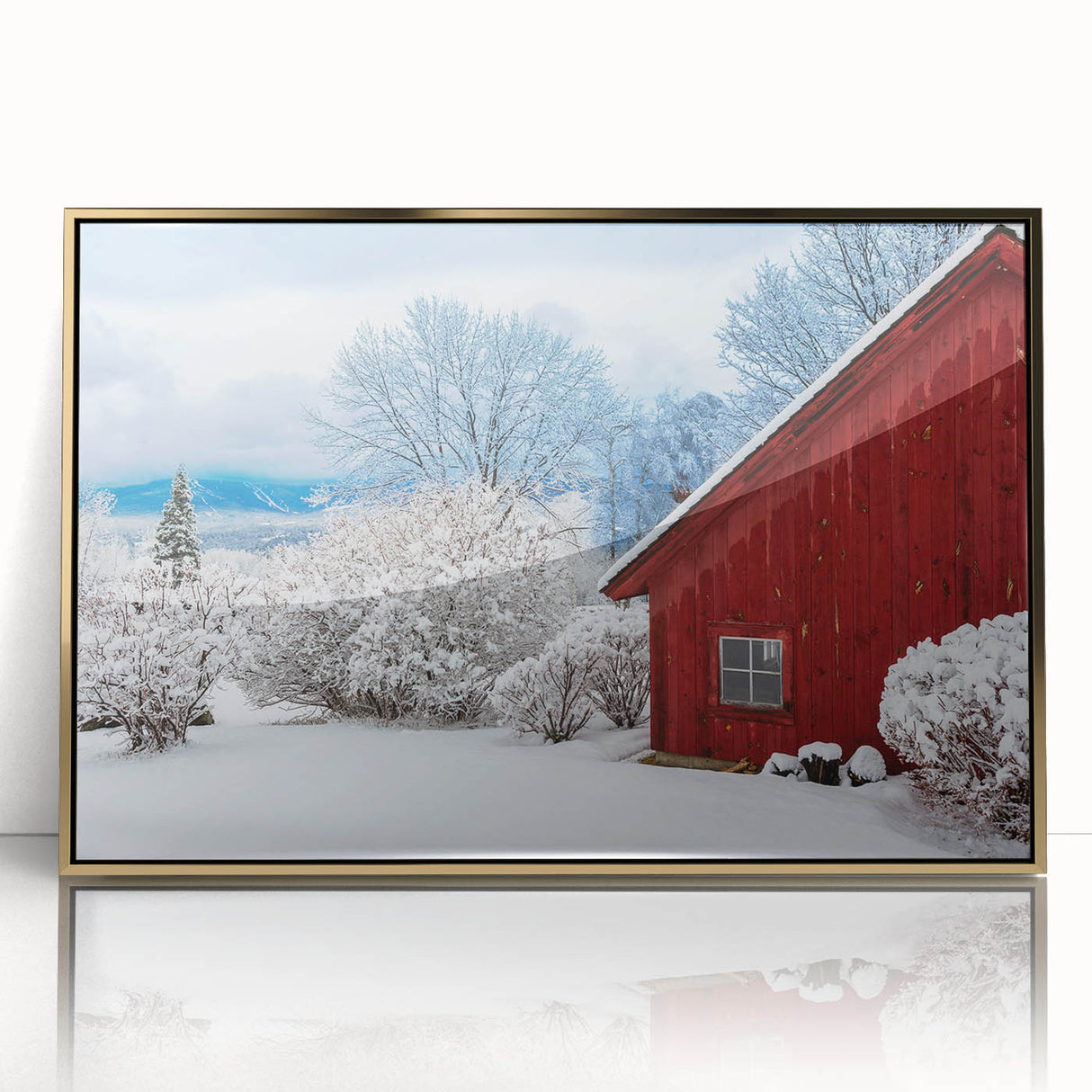 Mid-century modernist style large art print of a Vermont landscape in muted earth tones on framed acrylic.