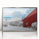 Mid-century modernist art depicting Vermont scenery in muted earth tones on a silver-framed acrylic print.