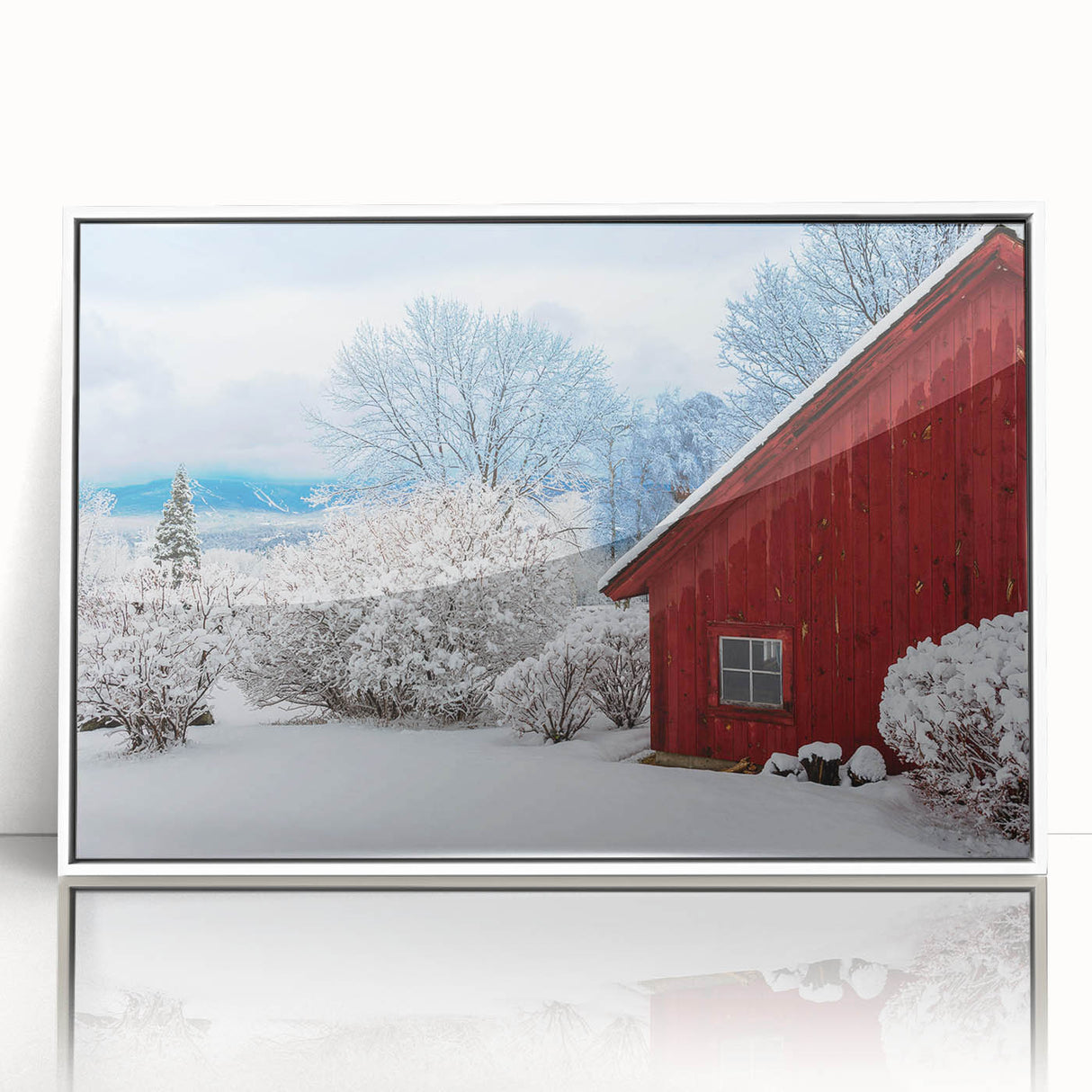 Art deco poster of Vermont scenery in muted green and blue tones, acrylic print framed in white.