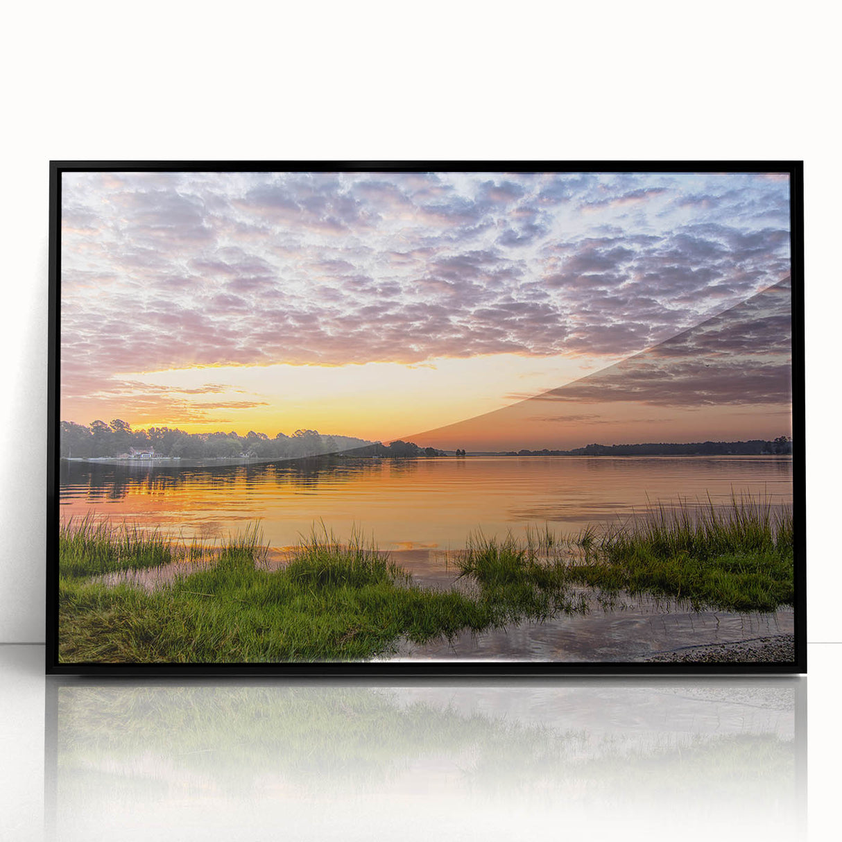 Large abstract wall art depicting a Virginia scenery in mid-century modernist style, framed in black acrylic.
