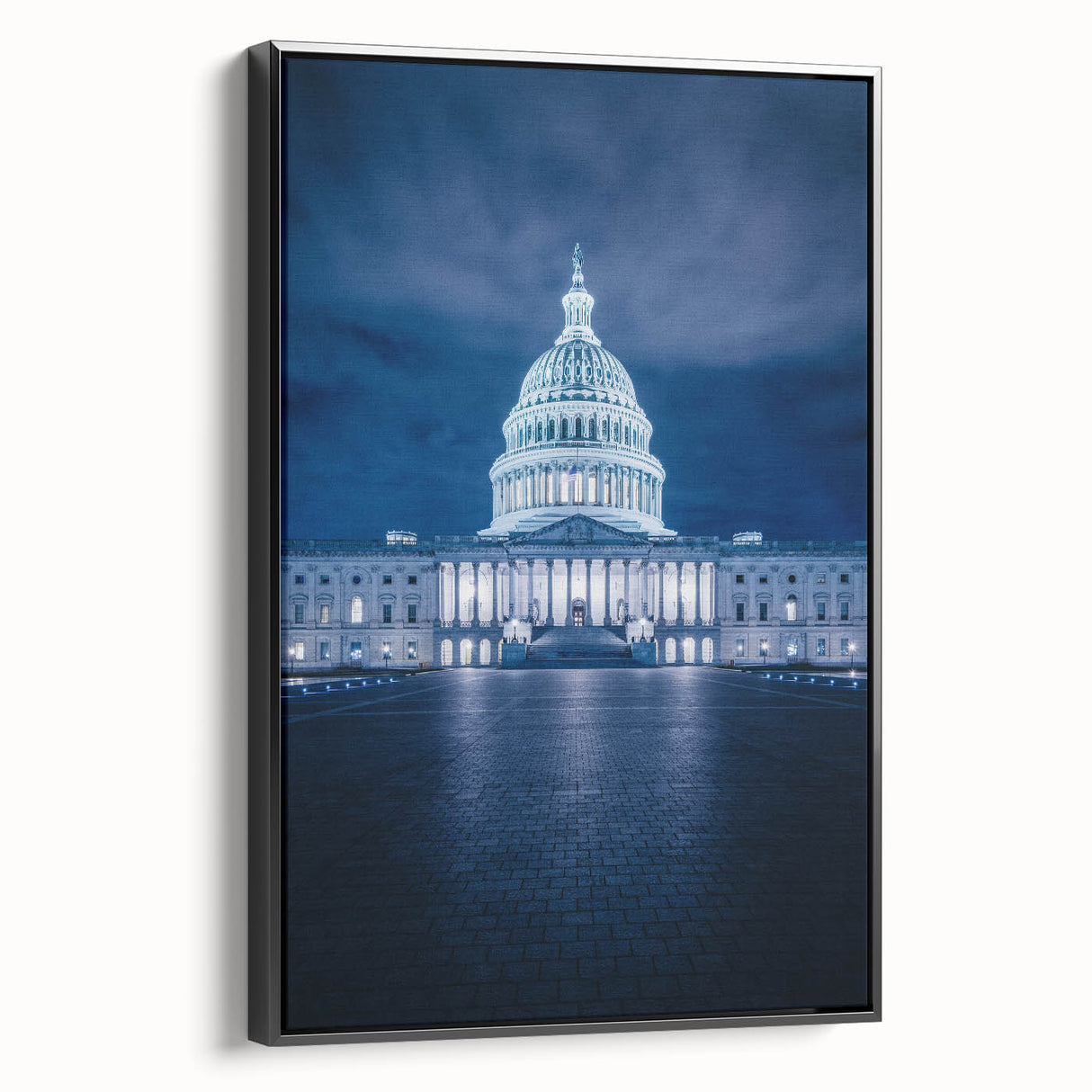 Black and white framed canvas of the Washington D.C. Capitol, ideal for bedroom wall art in vintage poster style.