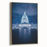 Framed canvas wall art featuring a vintage-style painting of the Washington DC Capitol in black and gold tones.