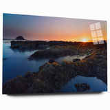 Large abstract wall art of Olympic scenery in muted green and blue hues on acrylic glass.