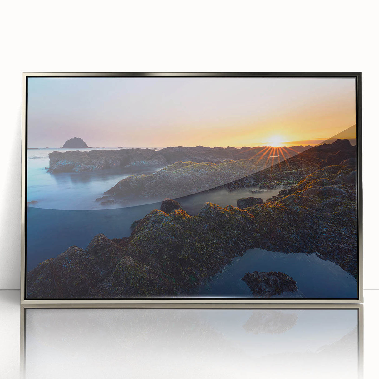 Framed acrylic print of Olympic National Park with muted green and blue tones, ideal for modern art wall decor.