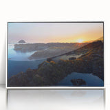 Acrylic print of Olympic National Park with lush greenery and mountains, in a white frame, suitable for modern nursery decor.