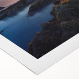 Art deco poster of Olympic National Park in muted green and blue tones on rolled canvas, suitable for dining room decor.