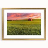 Extra large abstract art print of Palouse, Washington scenery in muted earth tones on a textured canvas, framed in gold.