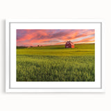 Abstract art print of the Palouse region in Washington, featuring soft green and brown tones on a framed white mat.