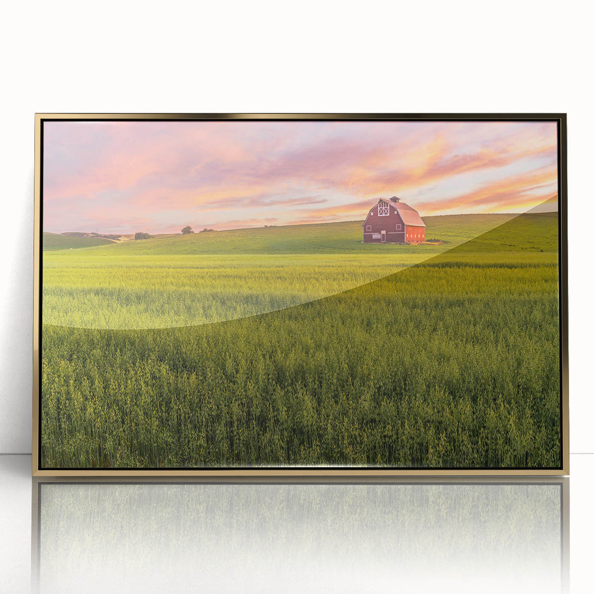 Large art print of Palouse, Washington scenery on a gold-framed acrylic, featuring mid-century modernist style.