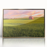 Large art print of Palouse, Washington scenery on a gold-framed acrylic, featuring mid-century modernist style.