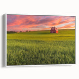 Vintage poster art of the Palouse region in vibrant green and brown tones on a framed canvas, ideal for living room decor.