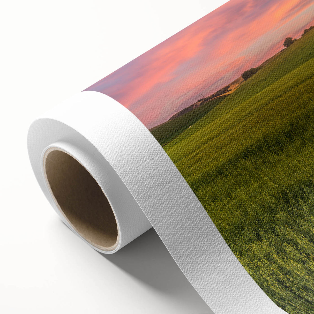 Art deco poster depicting the rolling hills of Palouse, Washington in soft green and blue tones, rolled canvas.