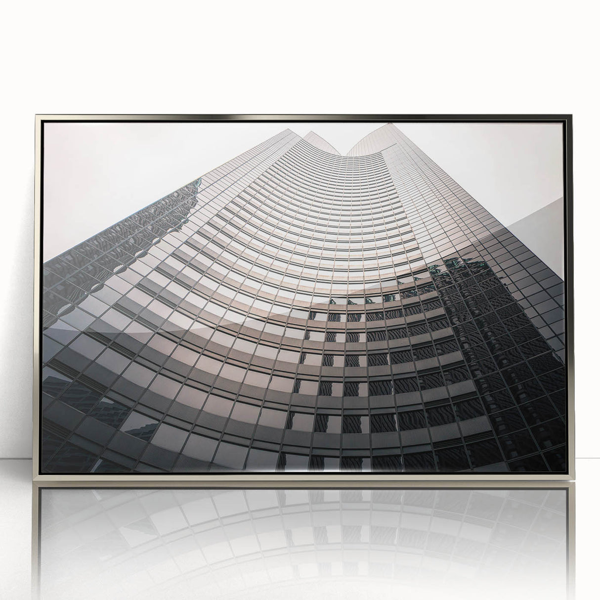 Mid-century modernist art of Seattle skyline in muted silver tones on framed acrylic, suited for modern art wall decor.