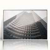Acrylic print of Seattle skyline in art deco style, with muted gray and blue tones, ideal for modern nursery wall decor.