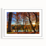 Abstract art print of West Virginia scenery in muted green and blue tones on a framed white mat, ideal for dining room decor.