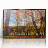 Mid-century modernist style large art print of West Virginia scenery in gold tones, framed acrylic.