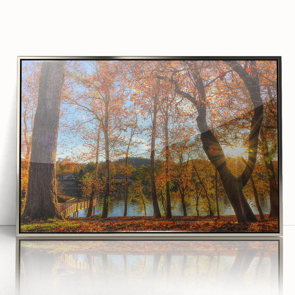 Mid-century modernist art depicting West Virginia scenery in muted earth tones, framed acrylic print.