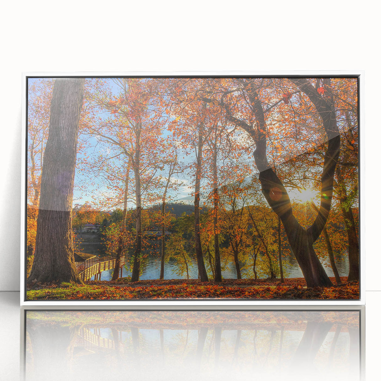 Art deco style poster of West Virginia scenery in muted greens and blues, framed acrylic, suitable for modern nursery decor.
