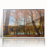 Art deco style poster of West Virginia scenery in muted greens and blues, framed acrylic, suitable for modern nursery decor.