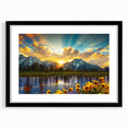 Colorful abstract art print of the Grand Tetons in textured style, framed with a black mat, ideal for living room decor.