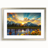 Textured art print of the Grand Tetons with abstract elements in muted earth tones, framed in silver, ideal for bedroom art.