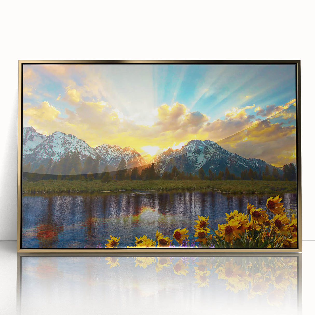 Framed acrylic print of the Grand Tetons with muted earth tones, ideal for modern art wall decor.