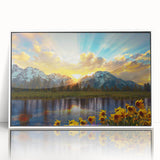 Acrylic print of the Grand Tetons with muted earth tones, framed in white, suitable for modern art wall decor.