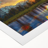 Art deco poster of Wyoming's Grand Tetons in muted earth tones on rolled canvas, suitable for dining room wall art.