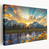 Large canvas print of Grand Tetons scenery in natural green and blue tones, suitable for kitchen wall art.