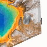 Yellowstone National Park scenery on large acrylic glass, featuring earth tones and green hues.