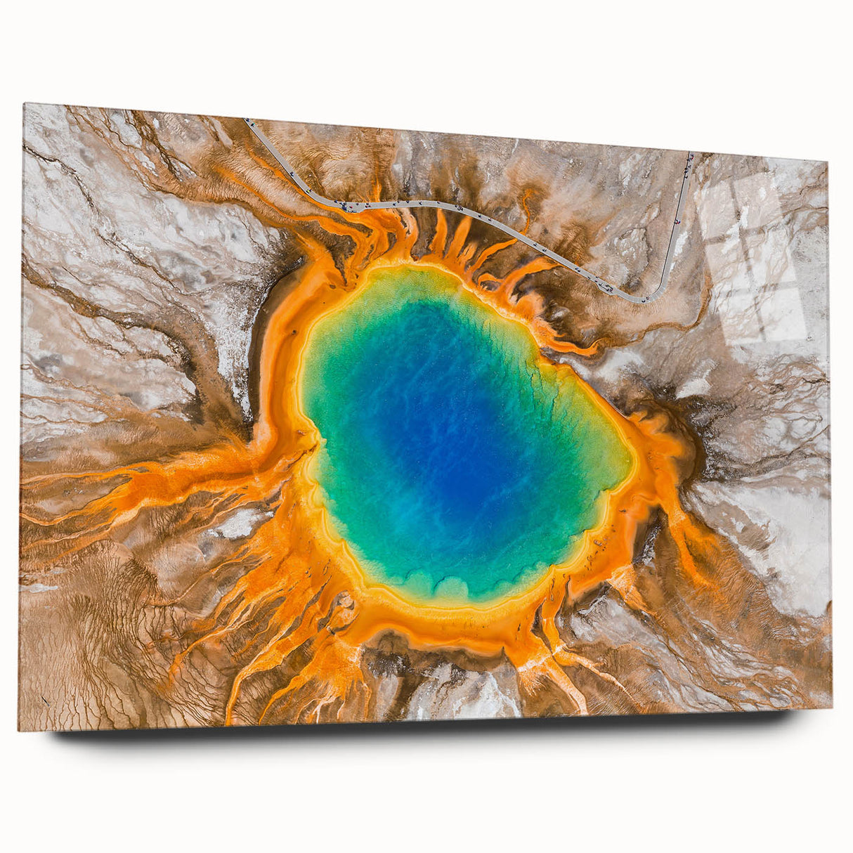 Yellowstone Park scenery in muted earth tones on large acrylic glass.