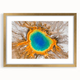 Textured abstract art print of Yellowstone scenery in muted earth tones on a framed canvas, ideal for bedroom art.