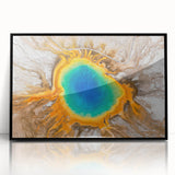 Framed acrylic print of a large abstract depiction of Yellowstone with muted earth tones, ideal for modern art wall decor.
