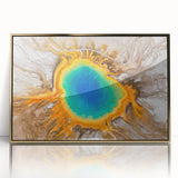 Framed acrylic print of Yellowstone scenery with vibrant green and gold tones, ideal for modern art wall decor.
