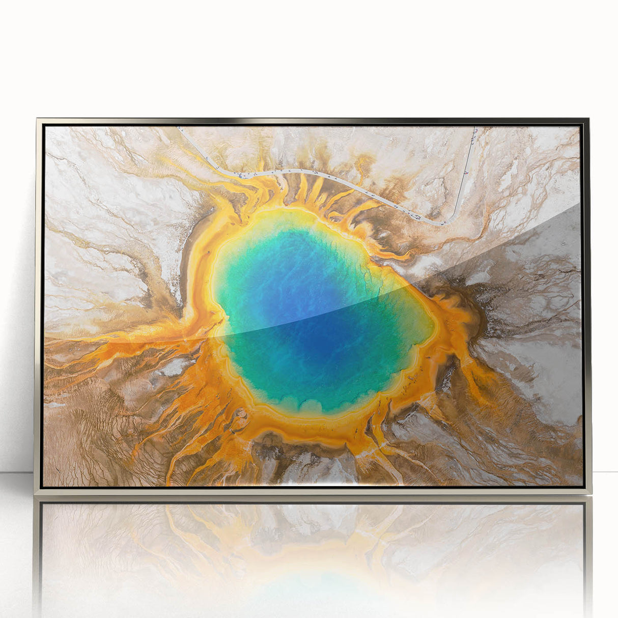 Mid-century modernist art of Yellowstone scenery in muted earth tones on a framed acrylic.