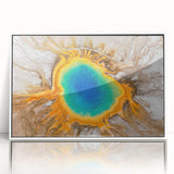 Acrylic framed art deco poster depicting Yellowstone scenery in muted earth tones, ideal for modern nursery wall decor.