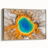 Framed canvas depicting a vintage-style Yellowstone landscape in black with gold accents, ideal for bedroom wall art.