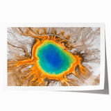 Yellowstone National Park scenery on rolled canvas, featuring lush greenery and geothermal features, in natural earth tones.