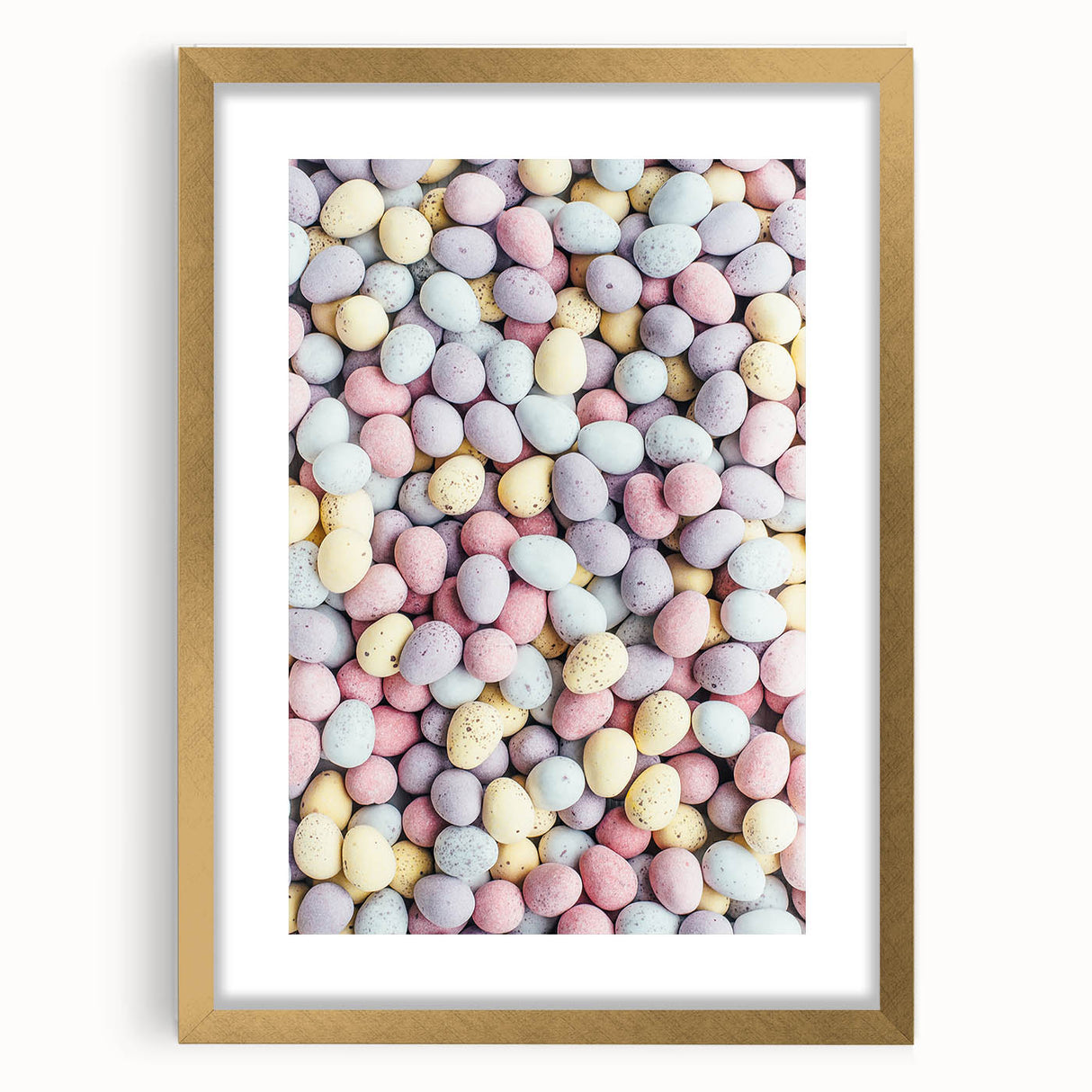 Abstract art print featuring textured spring motifs in pastel shades on a large framed canvas, ideal for living room decor.
