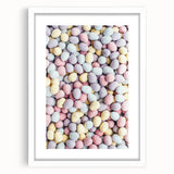 Abstract art print depicting spring themes in soft green and yellow tones on a white framed canvas.